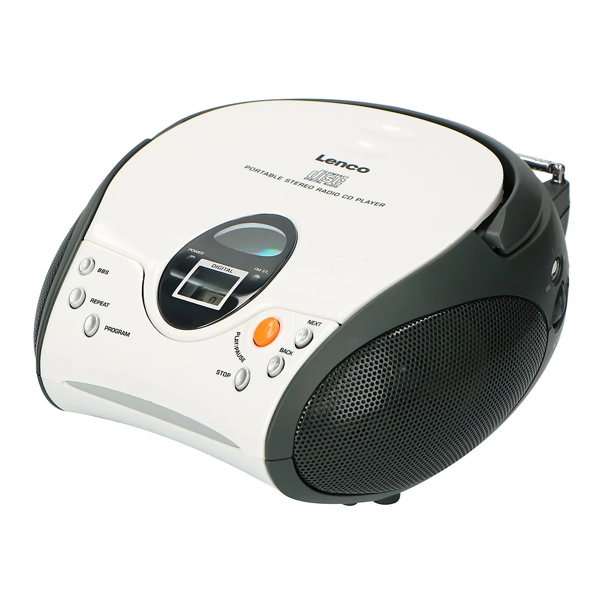 Weiß-schwarzer, tragbarer Lenco CD-Player mit Radio, Digitaldisplay und Lautsprechern auf weißem Hintergrund.