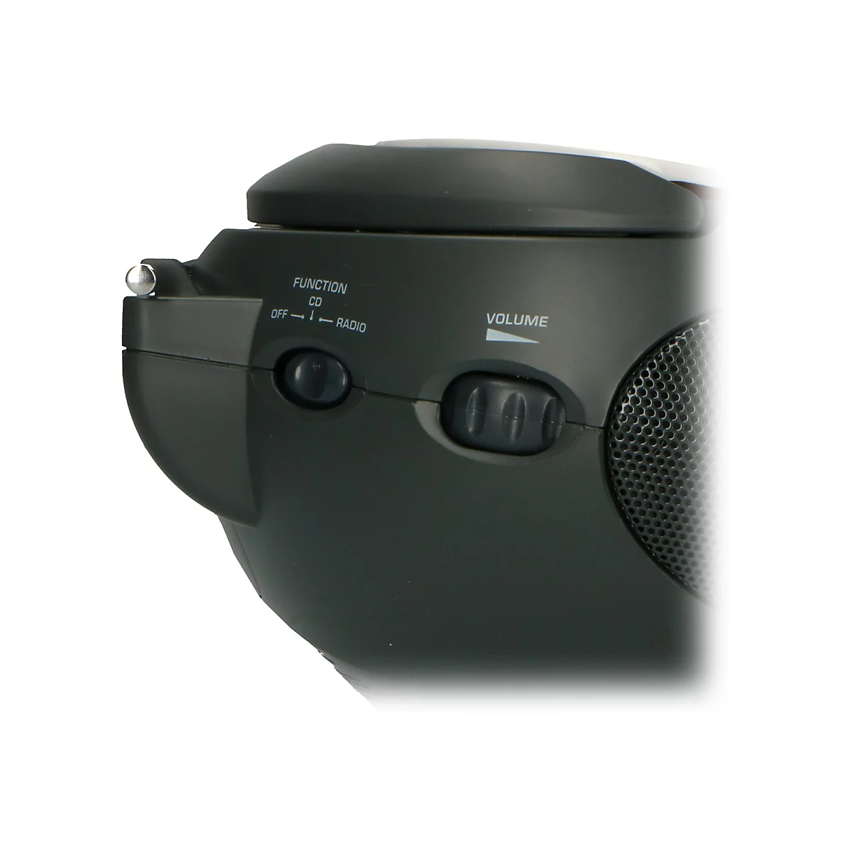 Nahaufnahme der Bedienelemente eines schwarzen Radios mit Schalter für Funktion und Lautstärkeregler.
