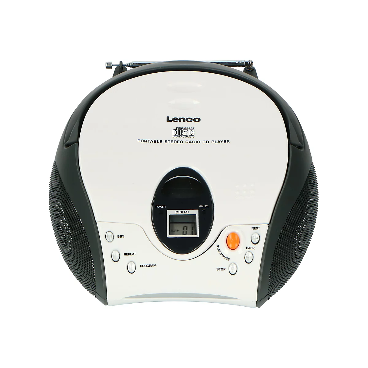 Ein weißer, runder Lenco CD-Player mit schwarzen Lautsprechern und digitalem Display vor weißem Hintergrund.