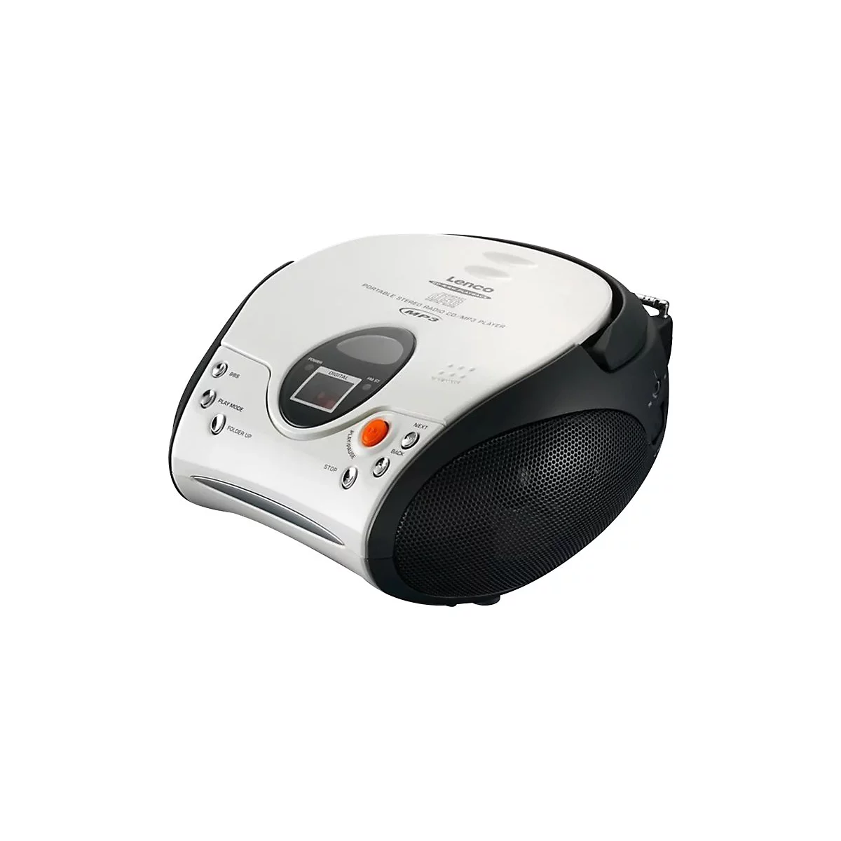Ein weiß-schwarzer, tragbarer CD- und MP3-Player von Lenco mit Digitaldisplay und Lautsprechergitter.