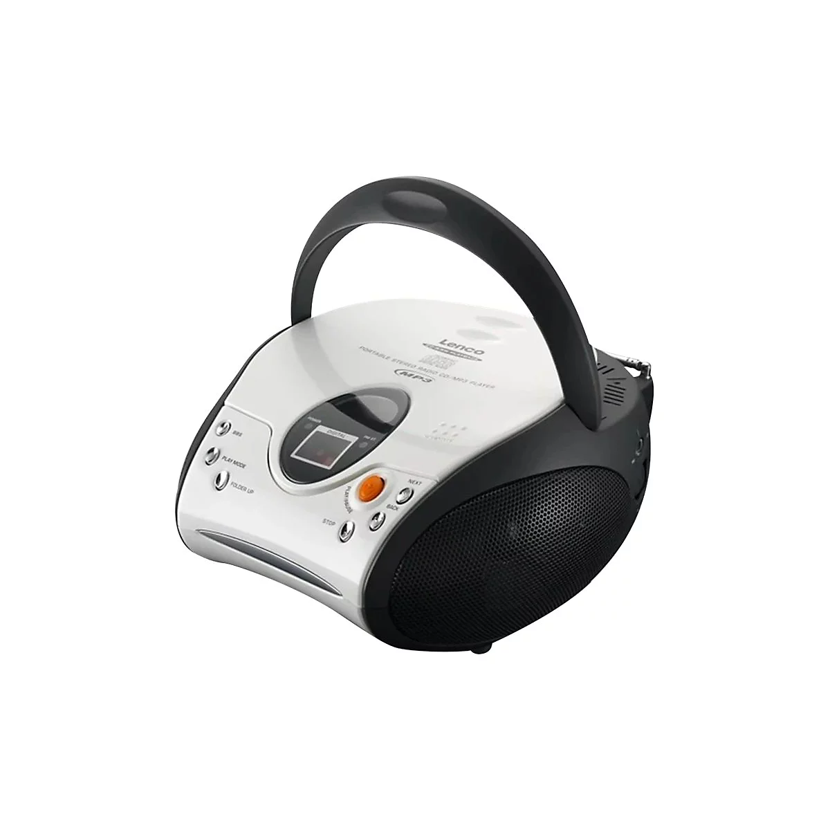 Tragbarer Lenco CD-MP3-Player in Weiß und Schwarz mit Tragegriff, Display und Bedientasten.