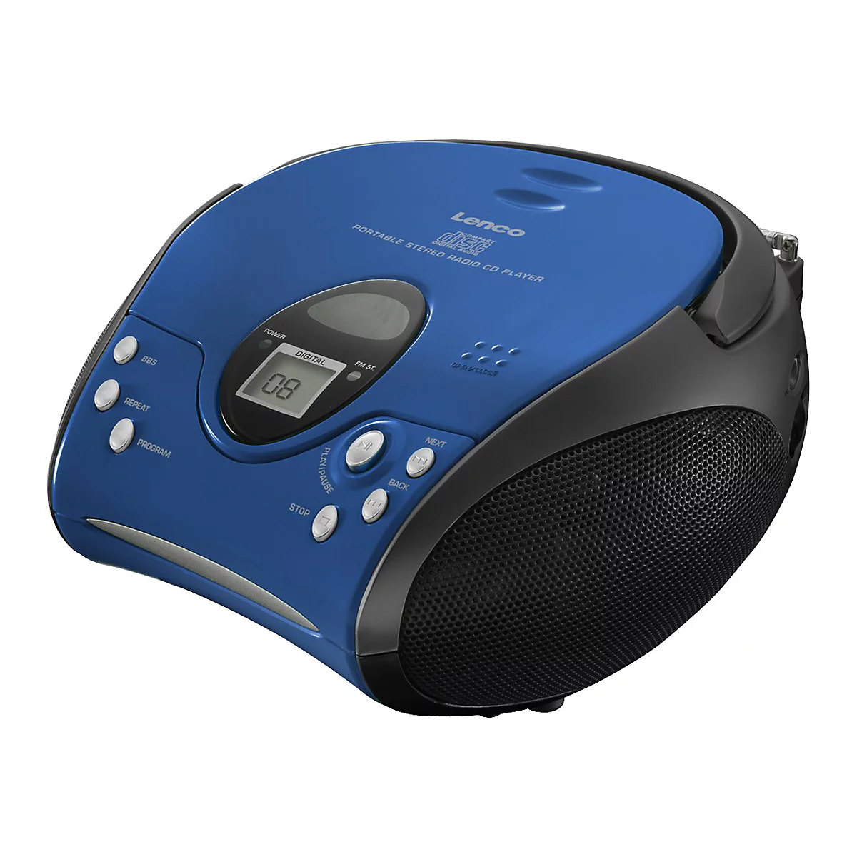 Blauer, tragbarer Lenco CD-Player mit Radio und LCD-Display vor weißem Hintergrund.