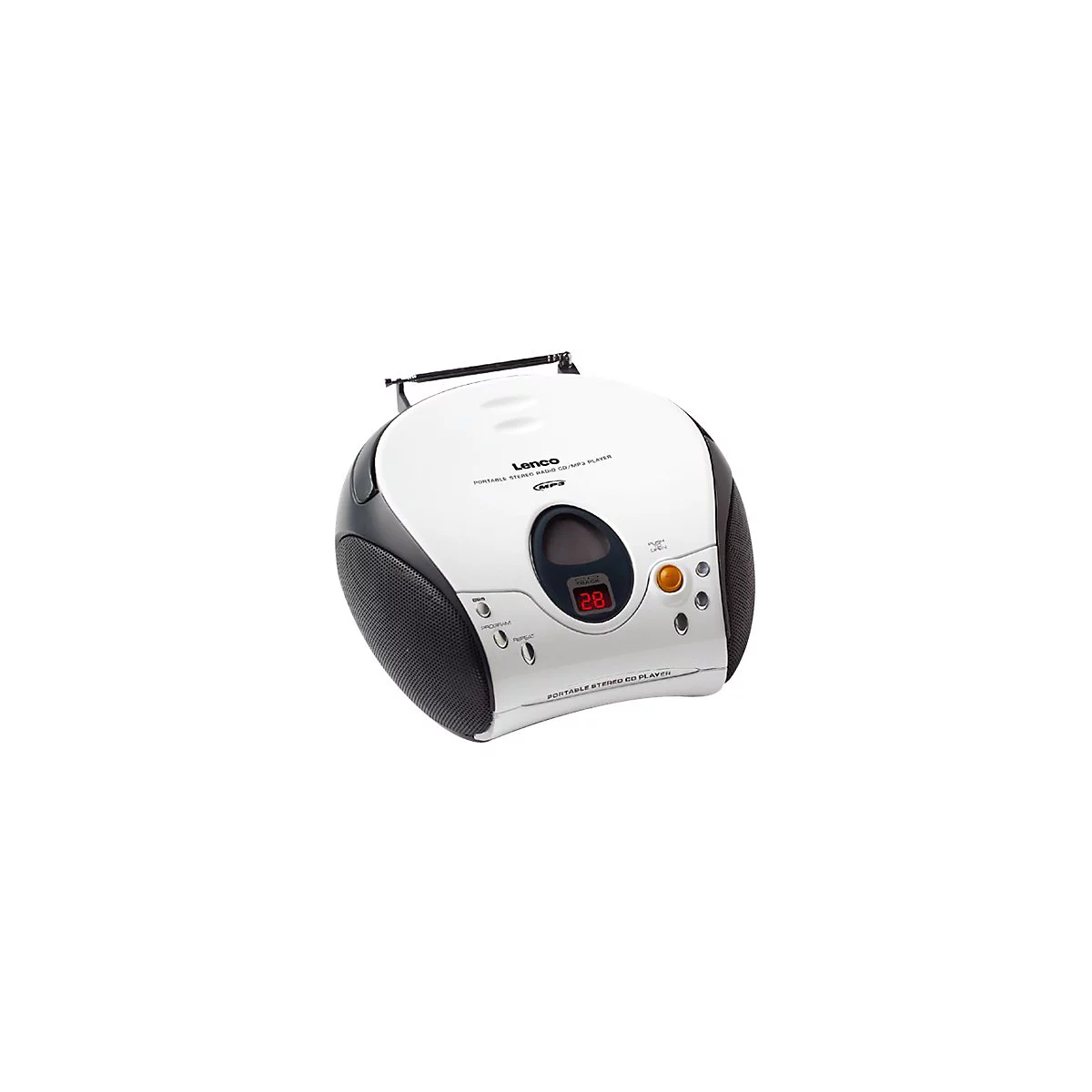 Tragbarer CD-Player von Lenco, weiÃŸ mit schwarzer Umrandung. Mit Digitalanzeige und KnÃ¶pfen.