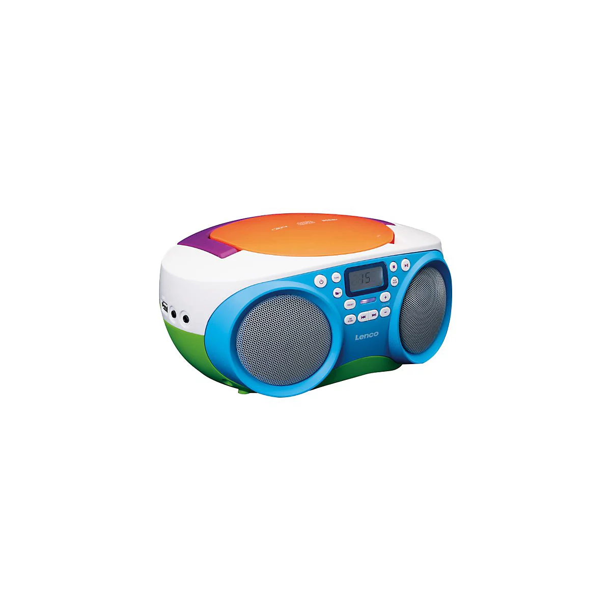 Buntes Kinder-CD-Radio. Orangefarbener CD-Deckel, blaue Front mit zwei Lautsprechern und Lenco-Logo. Digitalanzeige.