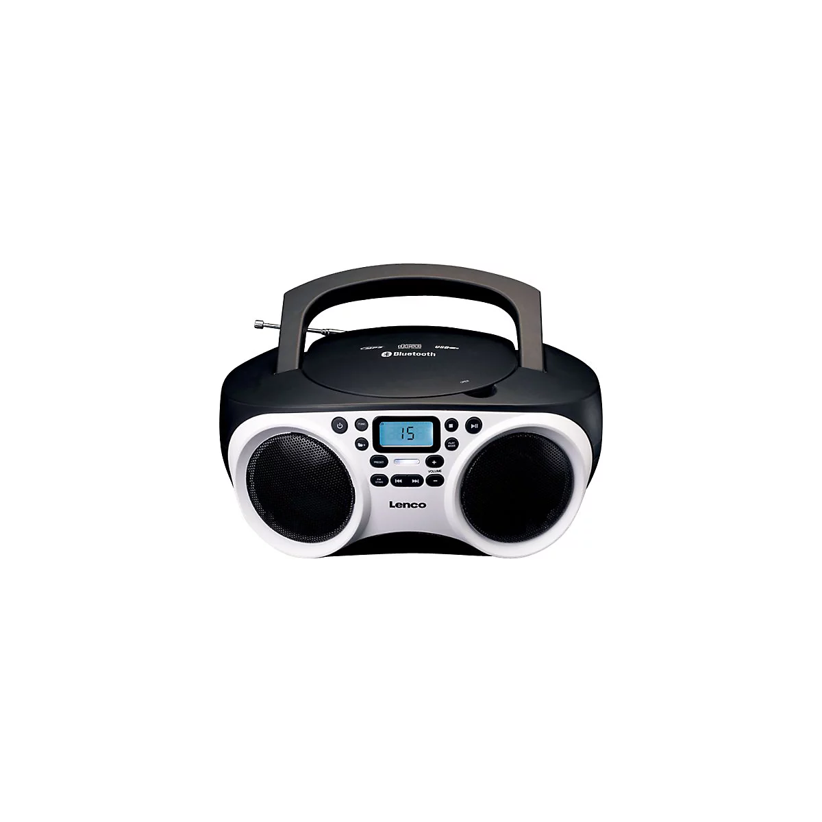 Schwarzer Lenco CD-Player mit weißer Front, zwei Lautsprechern, Tragegriff und blauem Digitaldisplay.