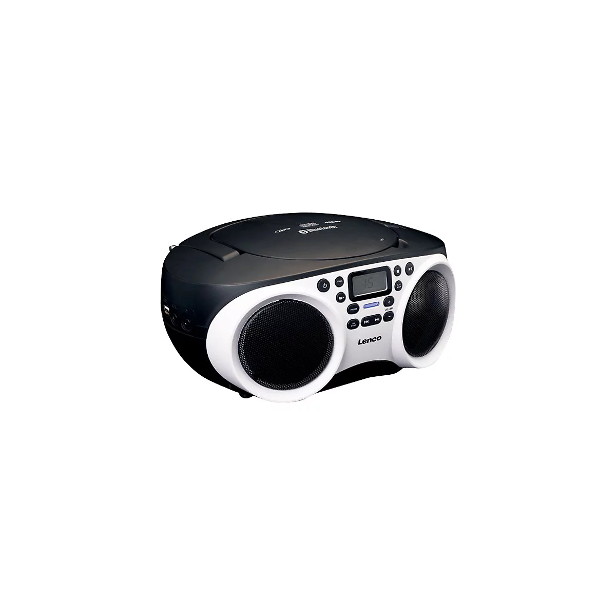Schwarz-weißer Lenco CD-Player mit Bluetooth, USB-Anschluss und zwei Lautsprechern auf weißem Hintergrund.