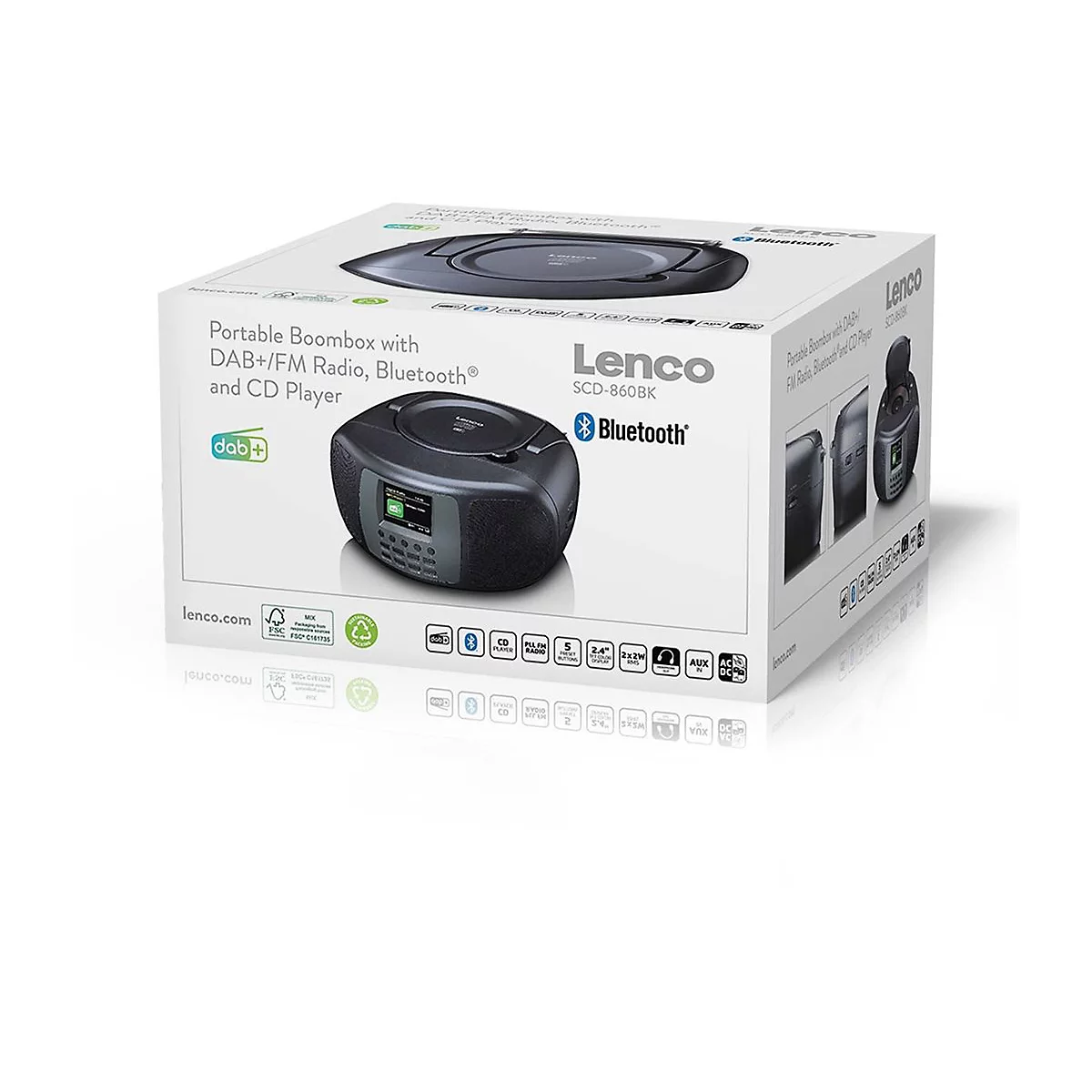 Verpackung der schwarzen Lenco SCD-860BK Boombox mit DAB+, FM-Radio, Bluetooth und CD-Player.