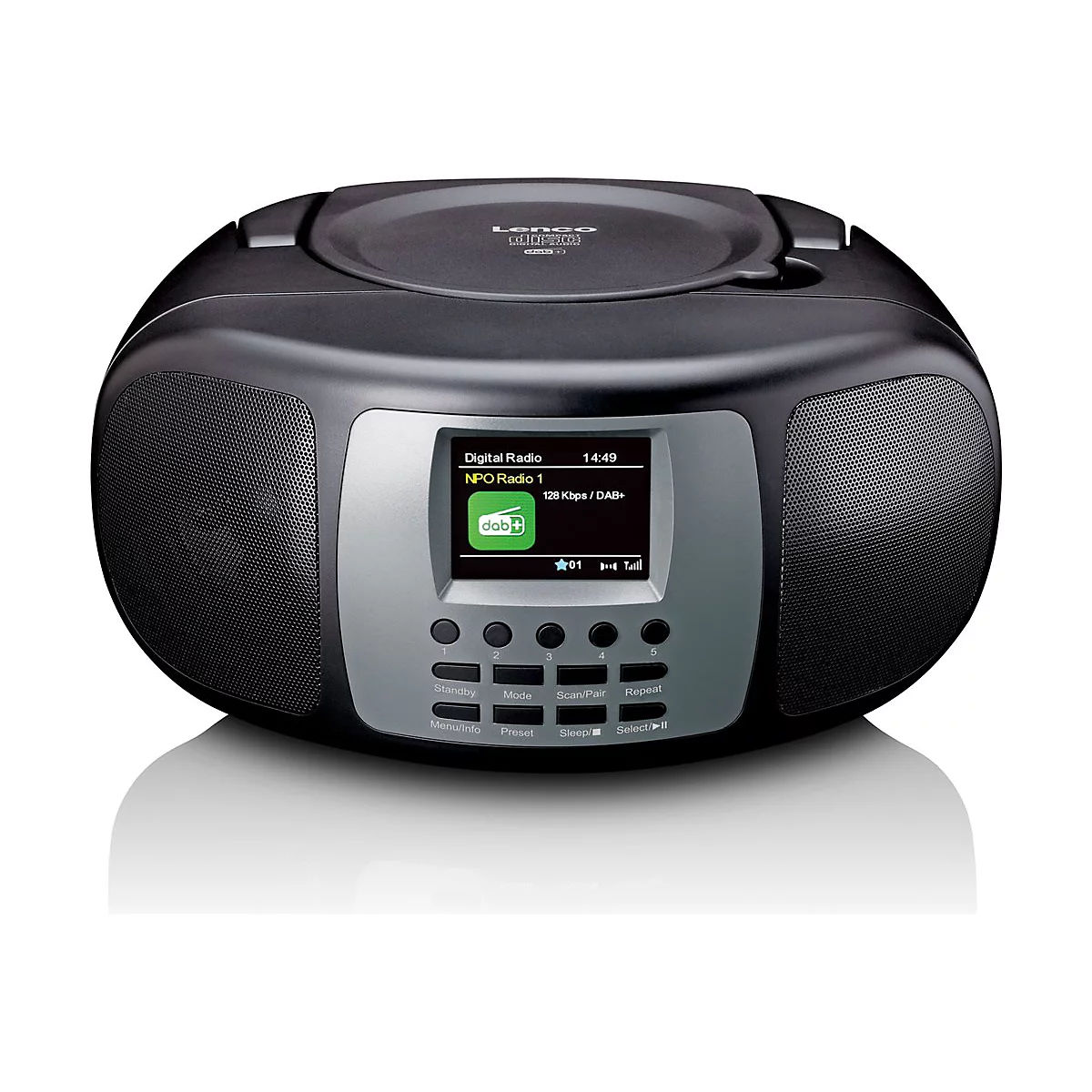 Schwarzes Lenco CD-Radio mit digitalem Display und Bedienknöpfen auf silberner Vorderseite.