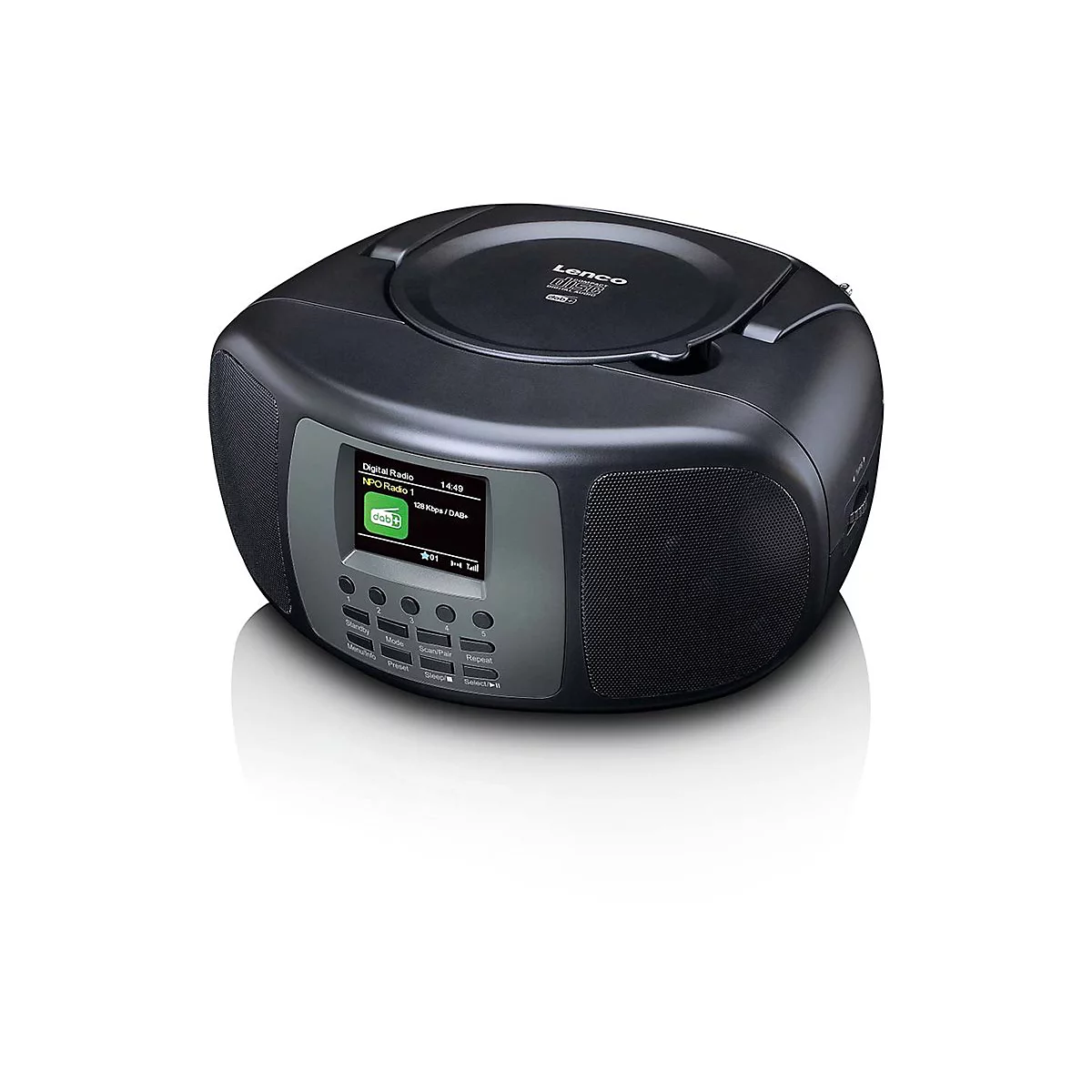Schwarzes Lenco CD-Radio mit DAB+ Display vor weißem Hintergrund.