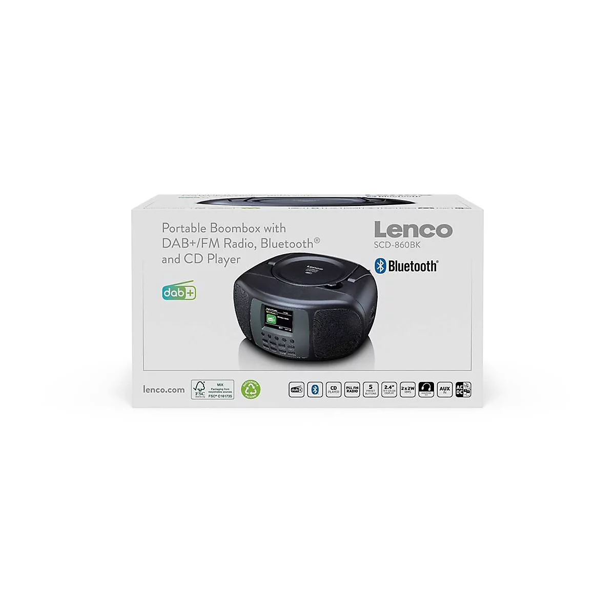 Lenco SCD-860BK tragbare Boombox in weißer Produktverpackung mit DAB+, Radio, Bluetooth und CD-Player.