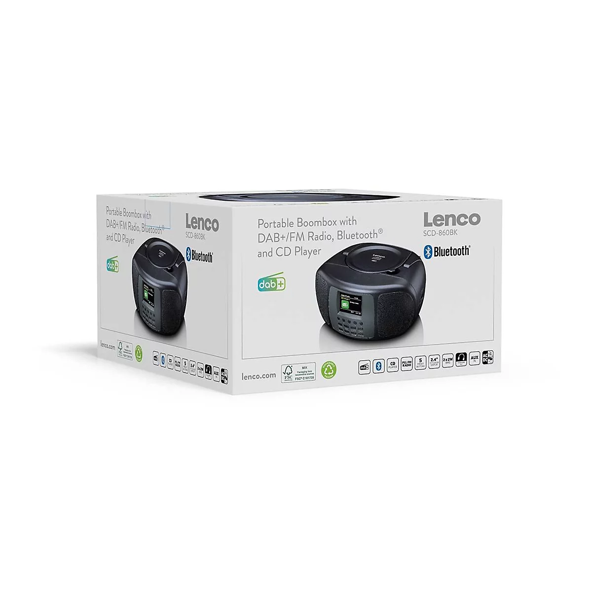 Die Verpackung des Lenco SCD-860BK Boombox Radios mit CD-Player, Bluetooth und DAB+ Anzeige auf weißem Hintergrund.