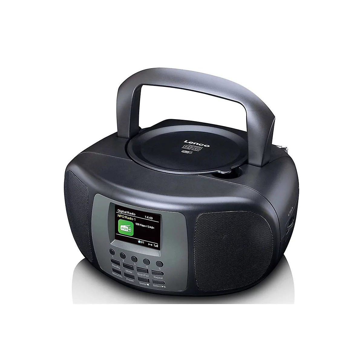 Schwarzes Lenco CD-Radio mit DAB+ Display und Tragegriff vor weißem Hintergrund.