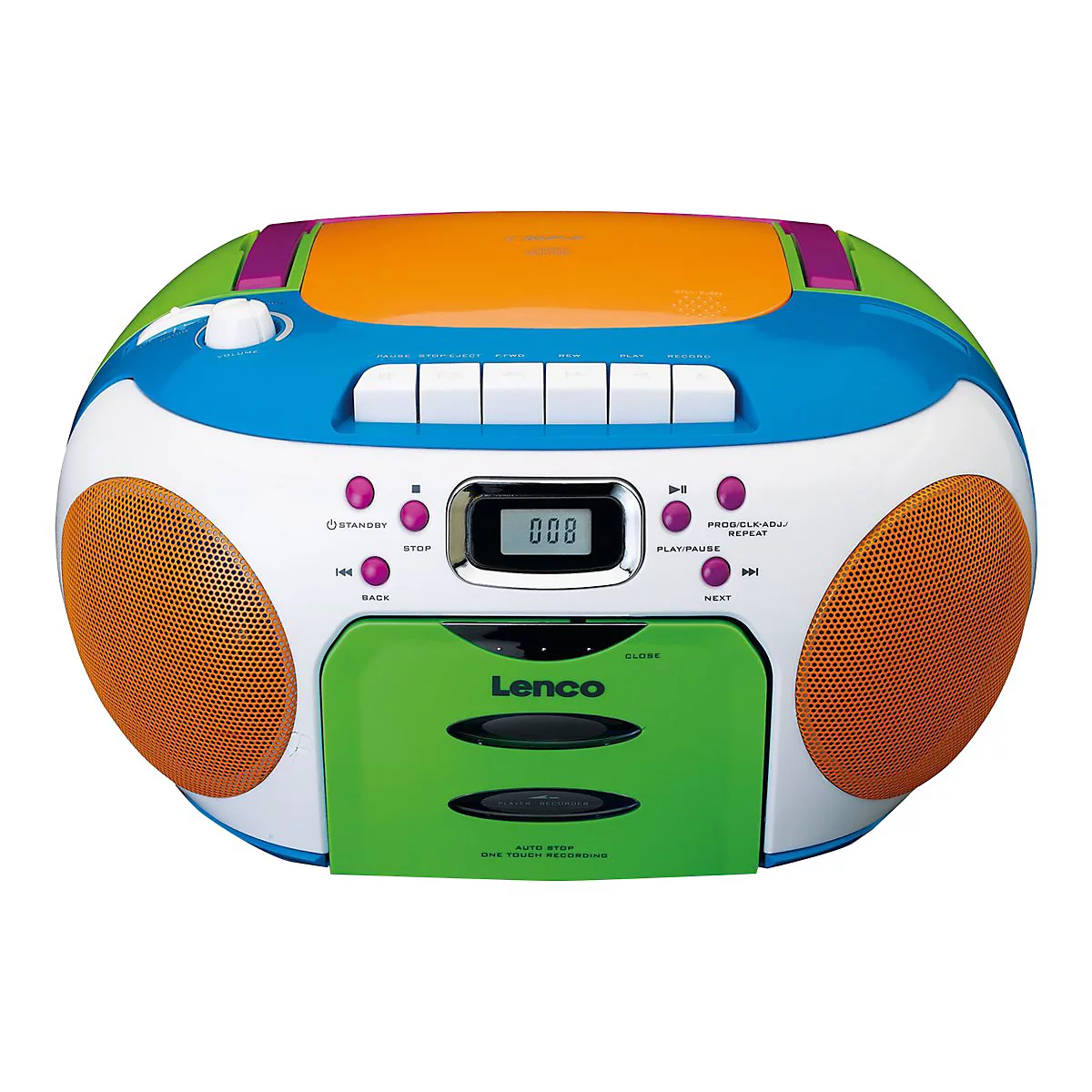 Bunter, runder Lenco Kassetten- und CD-Player mit orangefarbenen Lautsprechern auf weißem Hintergrund.