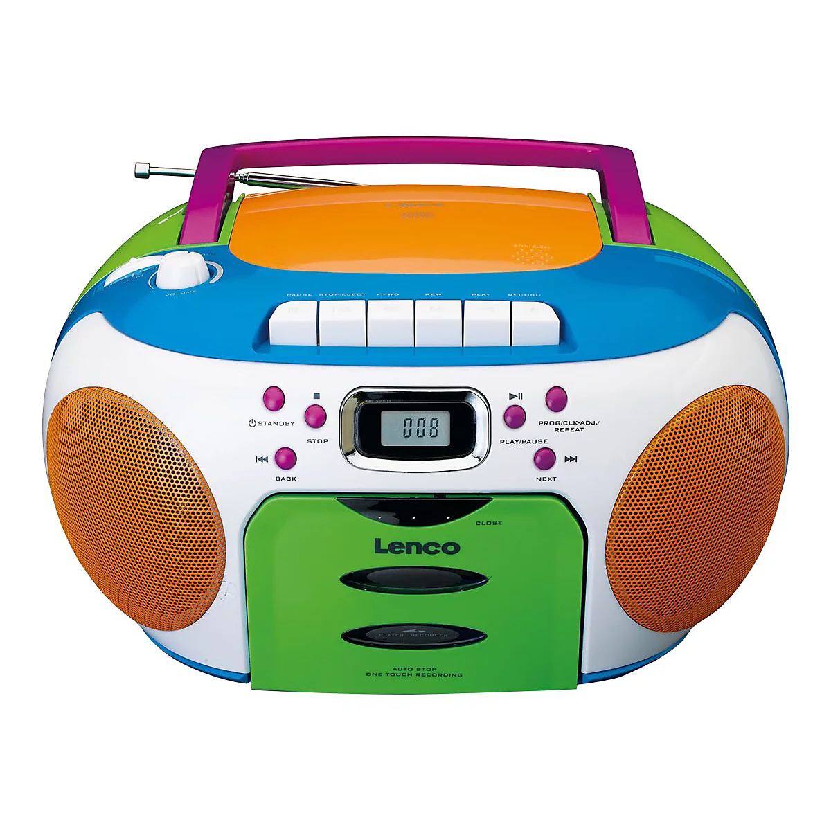 Bunter, runder Lenco Kassetten- und CD-Player mit Tragegriff vor weißem Hintergrund.