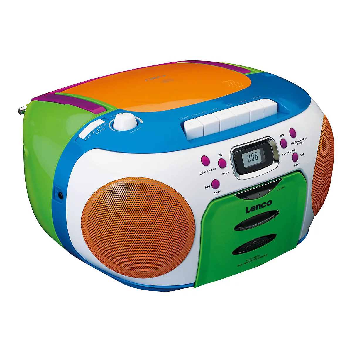 Bunter Lenco Kassetten- und CD-Player in leuchtenden Farben wie Orange, Grün, Blau und Weiß auf weißem Hintergrund.