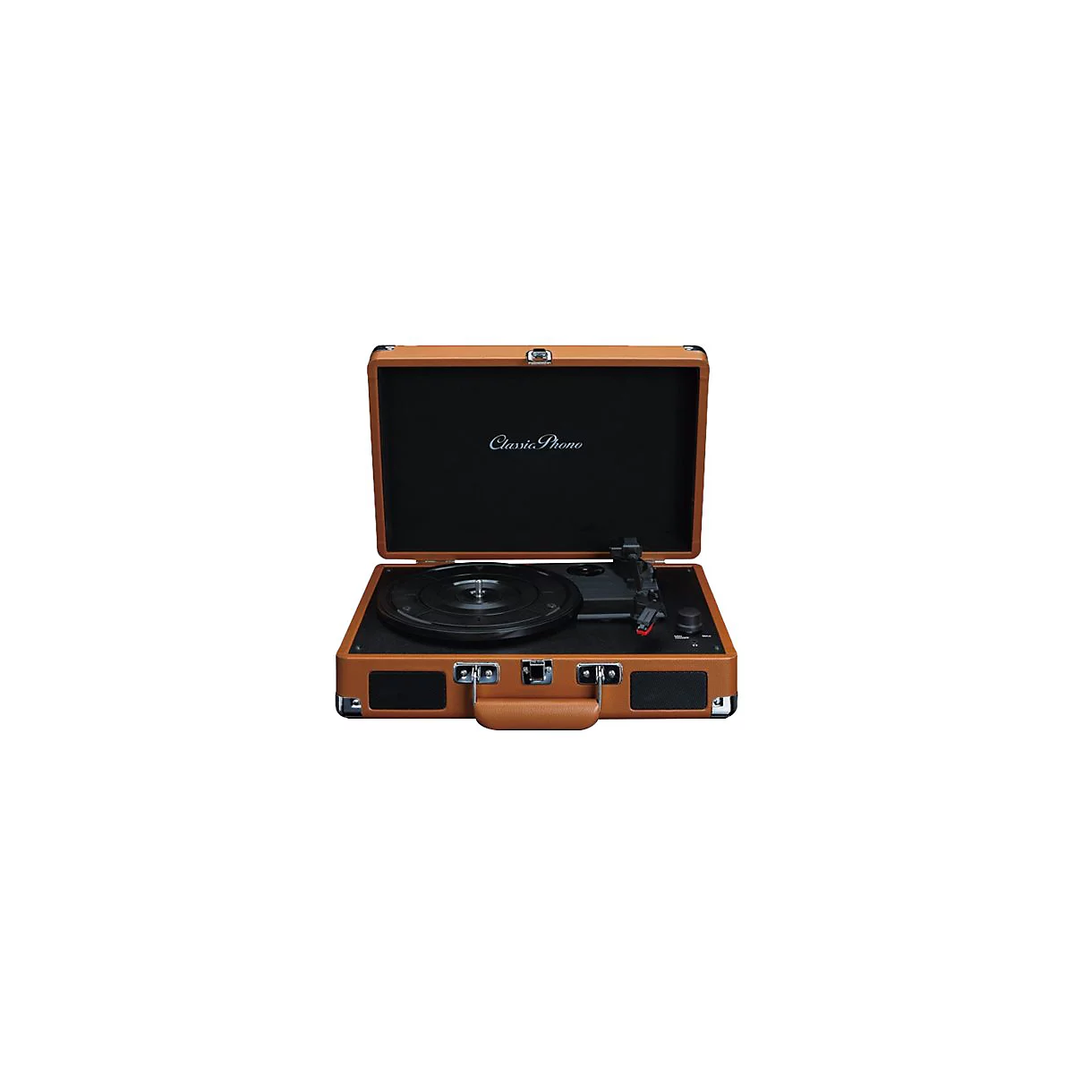 Koffer-Plattenspieler in Braun mit schwarzem Innenleben und Classic Phono Schriftzug.