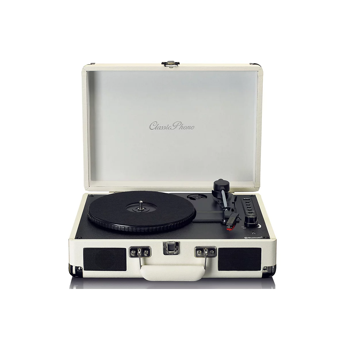 Koffer-Plattenspieler im Vintage-Design in Weiß mit schwarzer Steuereinheit und Classic Phono Logo im Deckel.