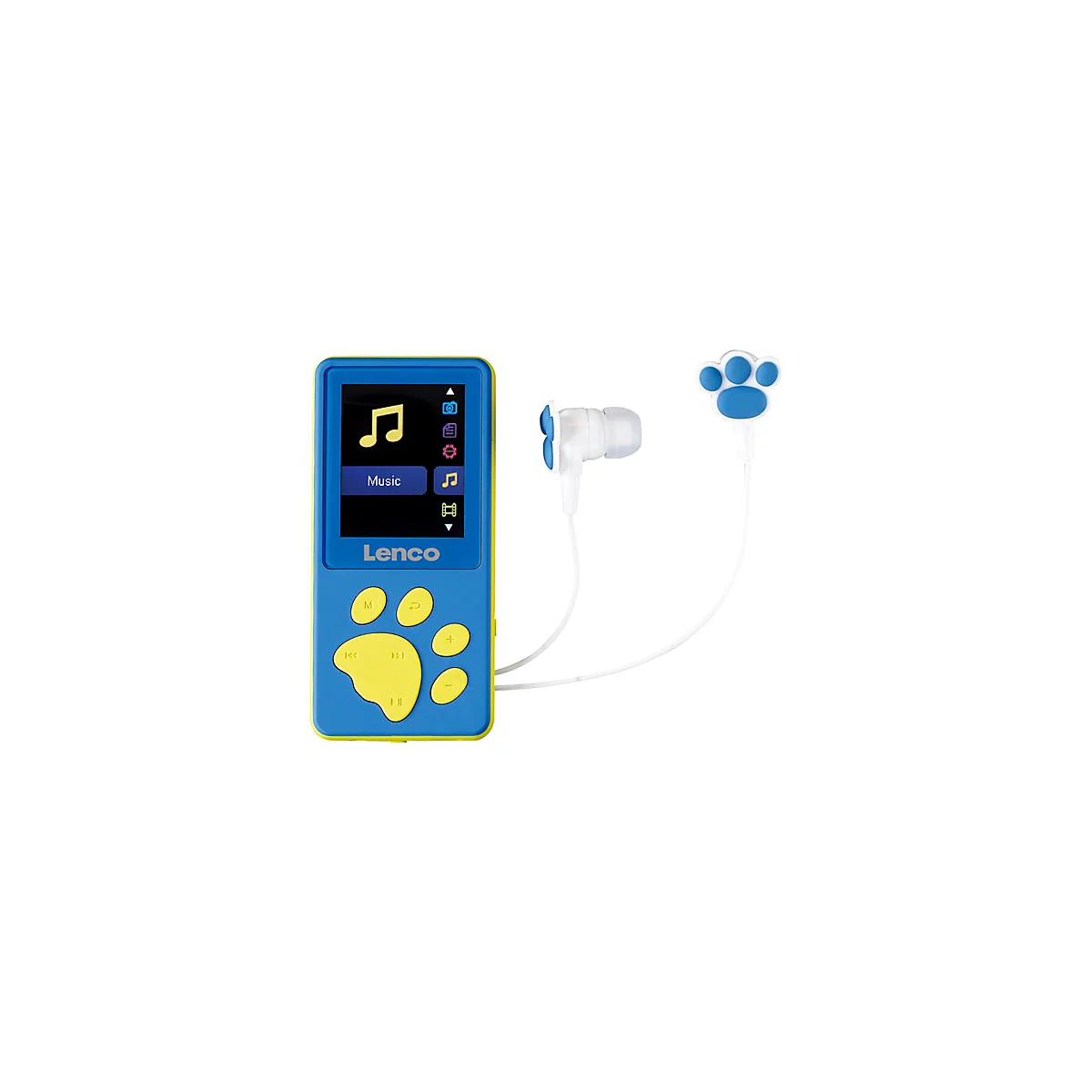 Blauer MP3-Player mit gelbem Pfotenabdruck. WeiÃŸe OhrhÃ¶rer. Auf dem Display Musiksymbol und Schriftzug Lenco.
