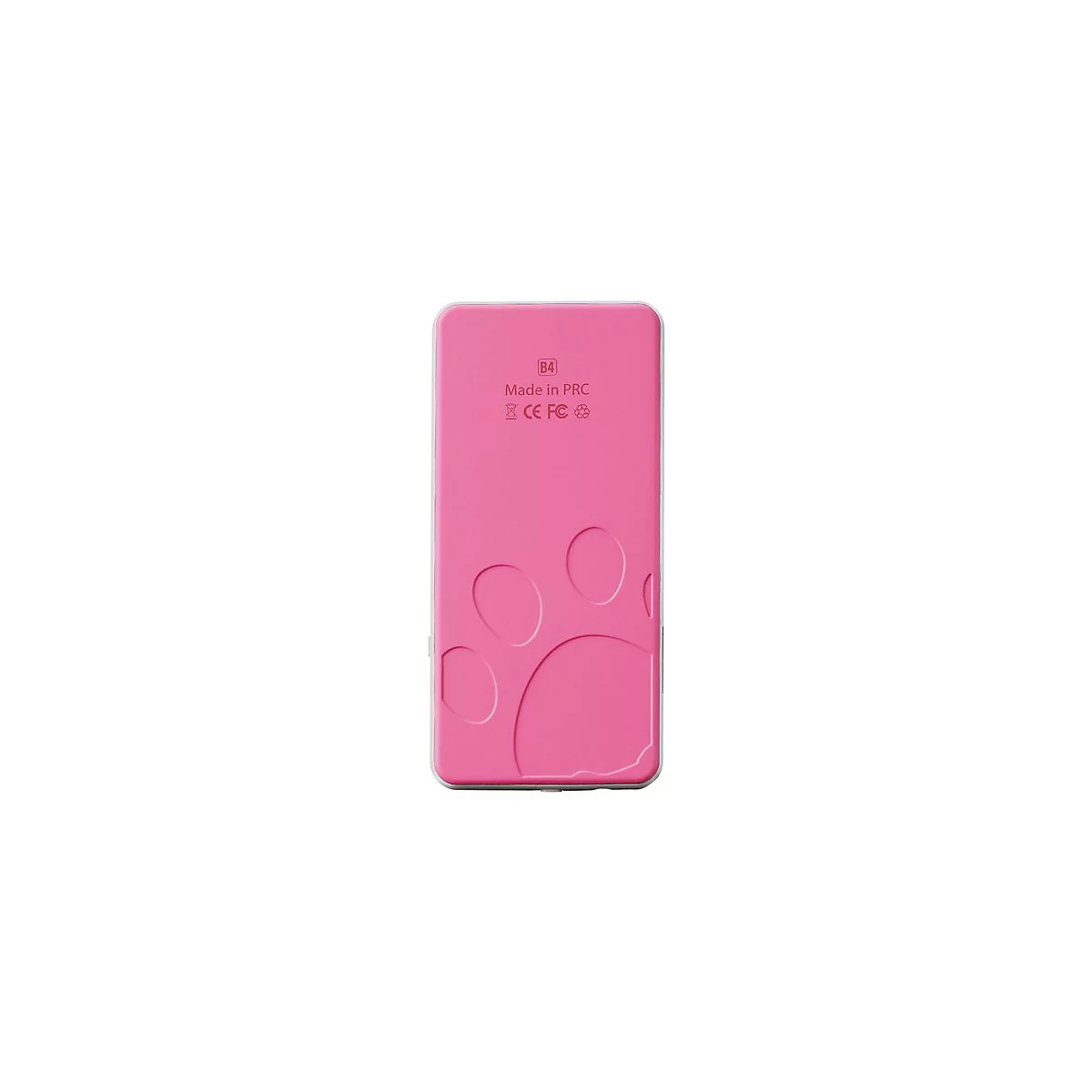 RÃ¼ckseite eines pinkfarbenen, rechteckigen GerÃ¤ts mit Pfotenabdruck-Dekor. Aufgedruckt sind SchriftzÃ¼ge wie B4, Made in PRC, CE FC.