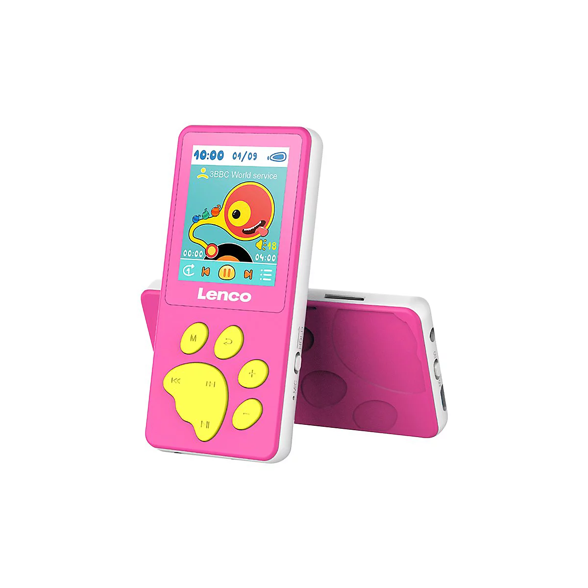 Ein pinkfarbener MP3-Player mit Pfotenabdruck-Tasten und Display, ein zweiter MP3-Player liegt im Hintergrund.