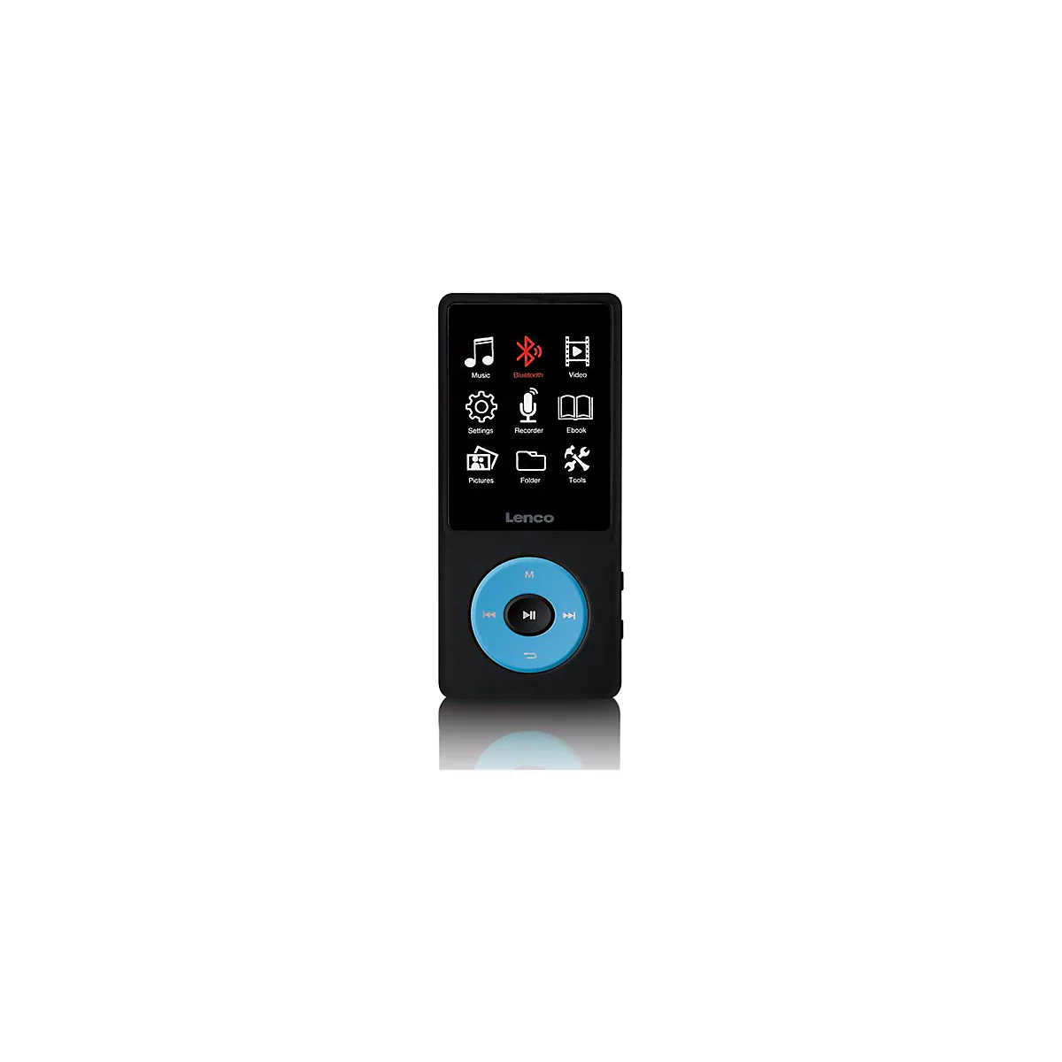 Schwarzer MP3-Player mit blauem Bedienrad und Touchscreen. Auf dem Bildschirm Icons wie Musik, Bluetooth, Video und Einstellungen.