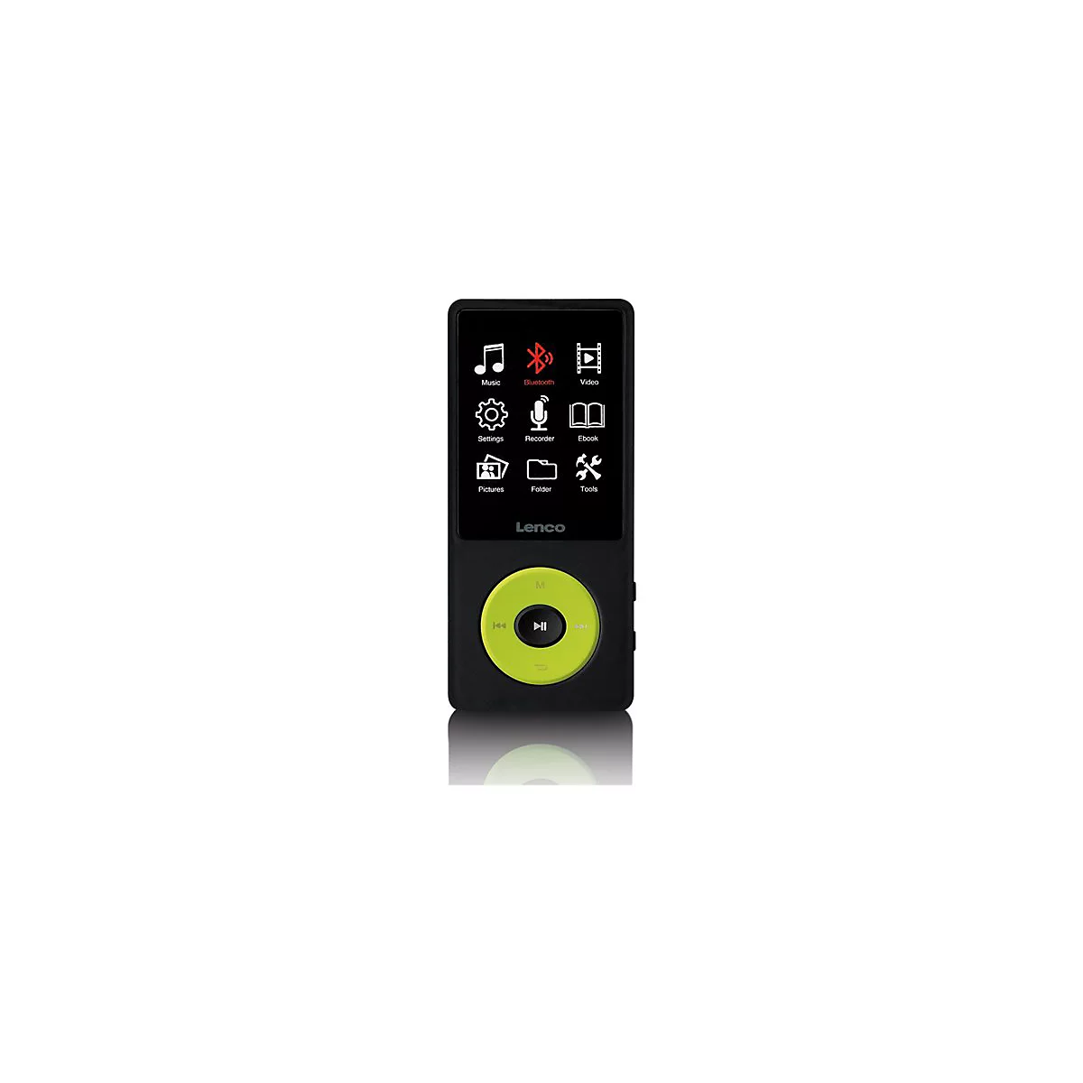 Schwarzer MP3-Player mit grÃ¼nem Bedienrad und Display mit Icons. Bluetooth-Logo sichtbar.