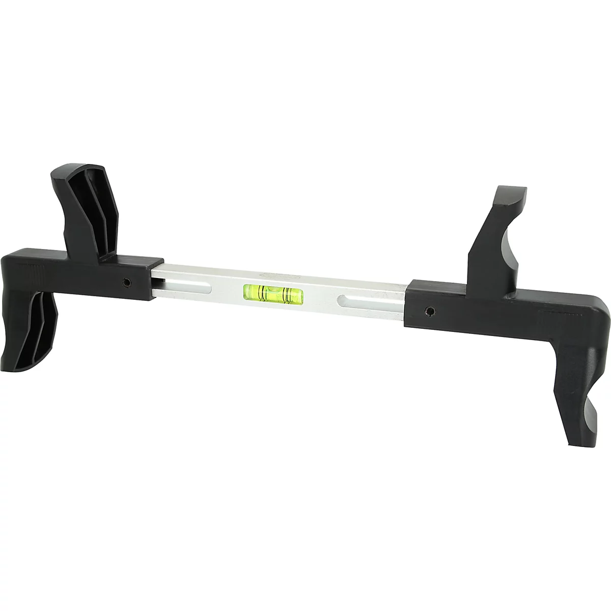 Schwarze Werkzeug mit Wasserwaage. Das Werkzeug hat zwei Griffe und eine silberne Mittelstange.