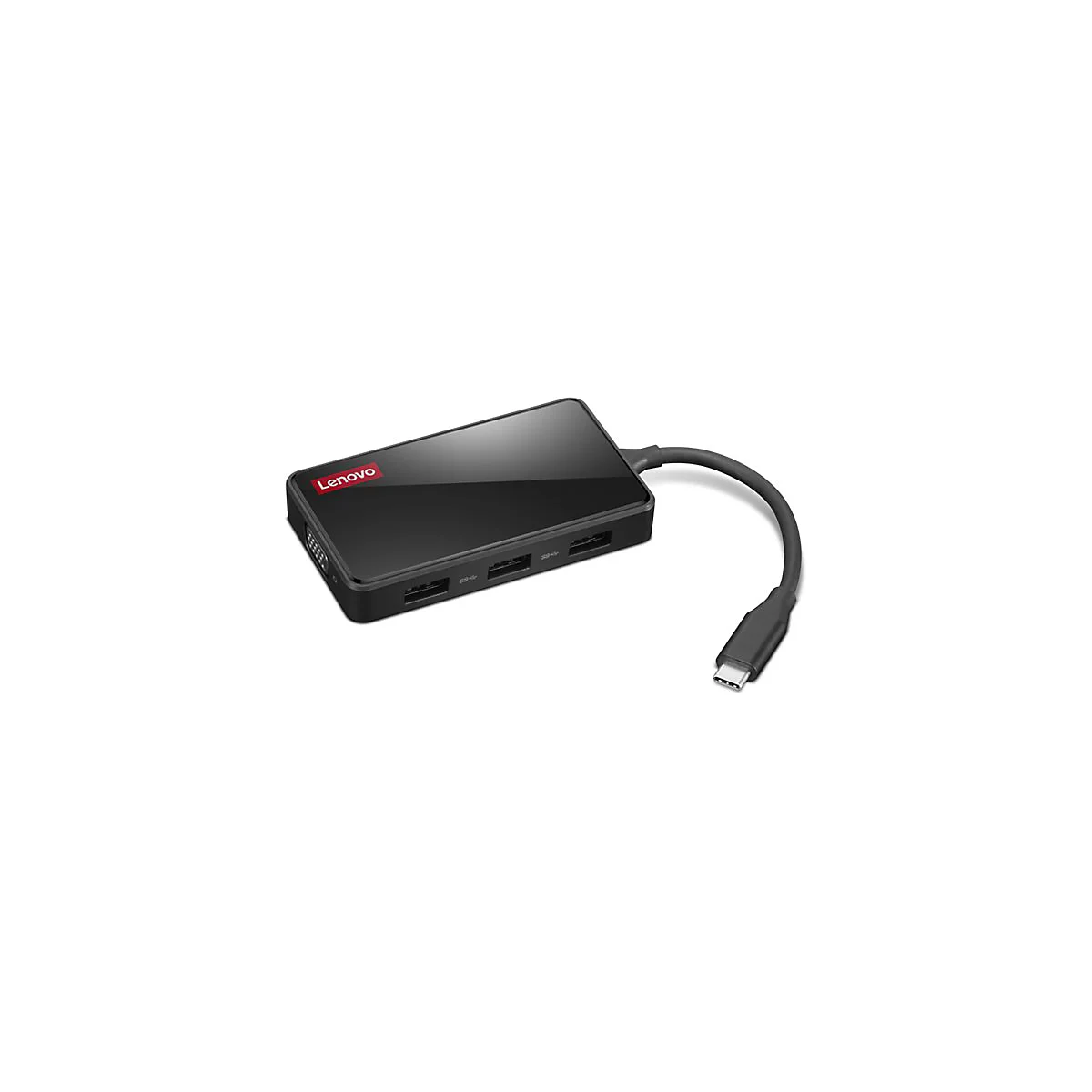 Schwarzer Lenovo USB-C Hub. Auf dem Gehäuse ein rotes Lenovo Logo. Kabel mit USB-C Stecker.