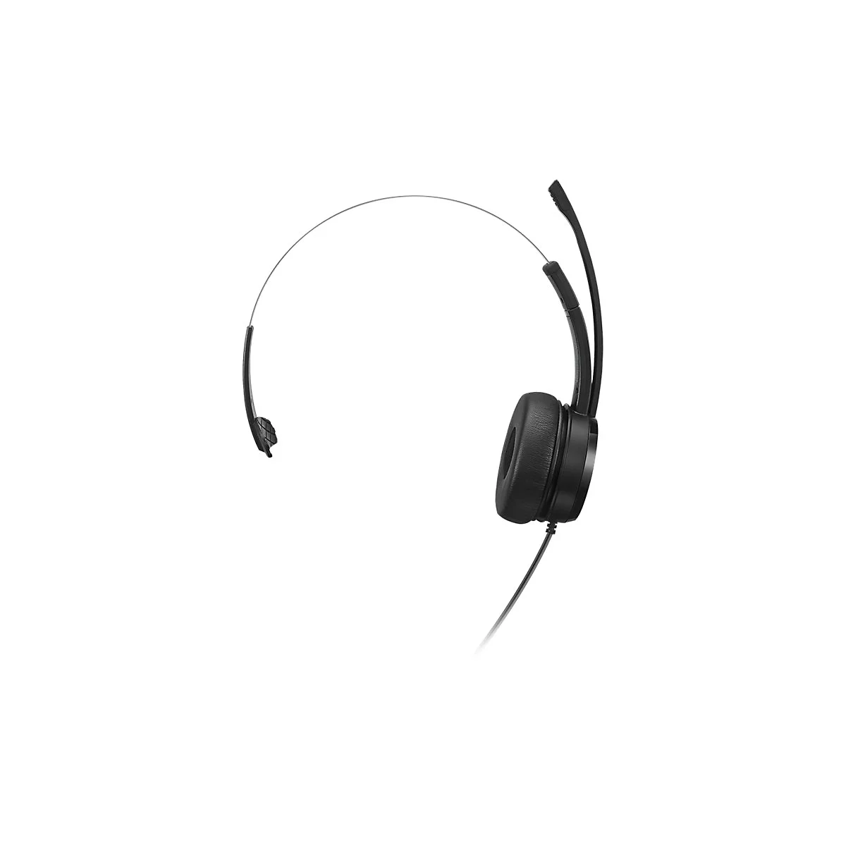 Schwarzes Headset, einseitig, mit Mikrofon, auf weißem Hintergrund.