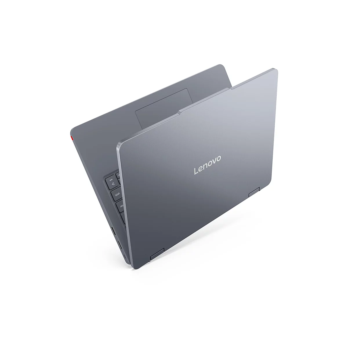 Ein grauer Laptop von Lenovo, leicht geöffnet. Das Lenovo-Logo ist sichtbar.