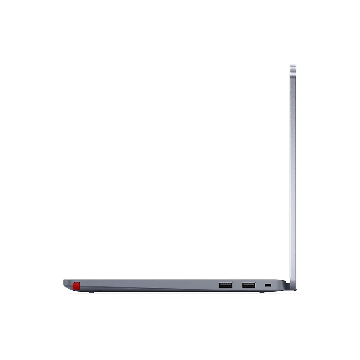 Draufsicht auf ein graues Notebook, Seite, weißer Hintergrund. Links roter Akzent. Zwei USB-Anschlüsse.