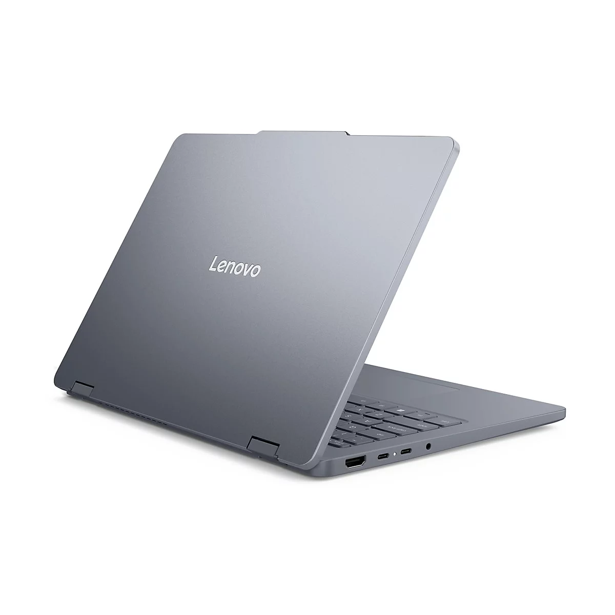 Grauer Lenovo Laptop, teilweise geöffnet, Logo auf dem Deckel sichtbar.