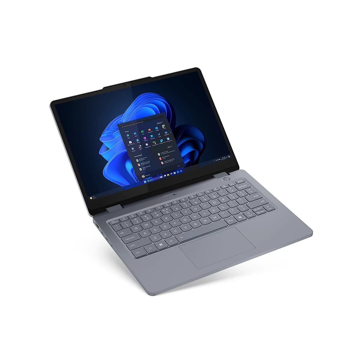 Graues Laptop, geöffnet, Windows 11-Desktop mit App-Übersicht. Tastatur und Bildschirm deutlich sichtbar, weißer Hintergrund.