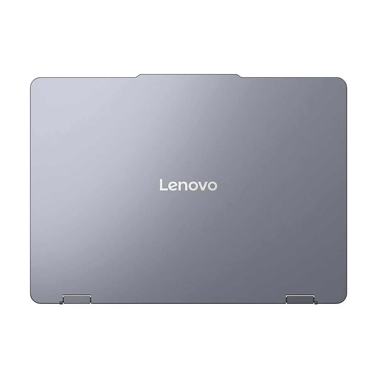 Grauer Laptop von Lenovo mit geschlossenem Deckel, Logo mittig platziert.
