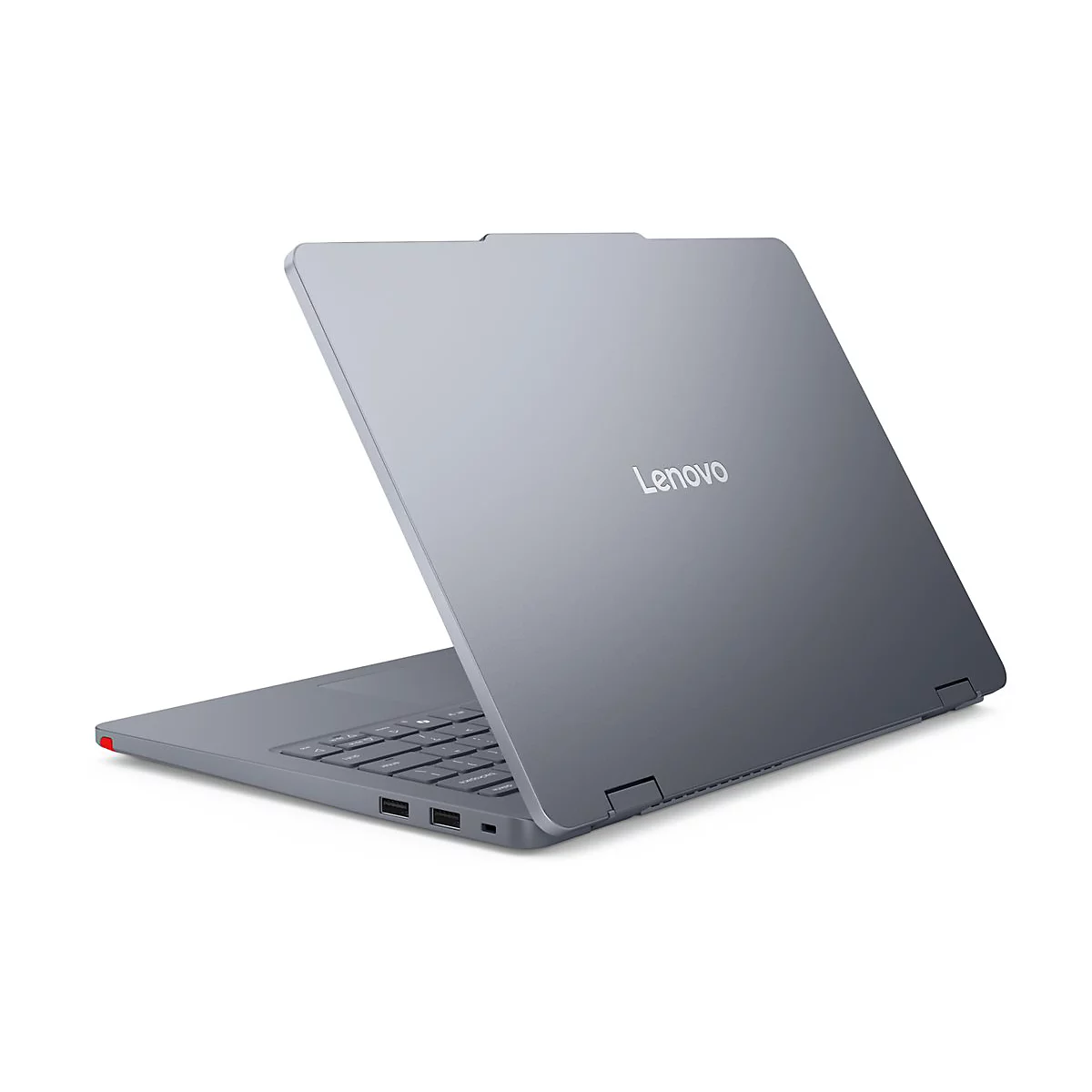 Grauer Laptop von Lenovo, teilweise geöffnet. Auf der Oberseite steht in silberner Schrift "Lenovo".