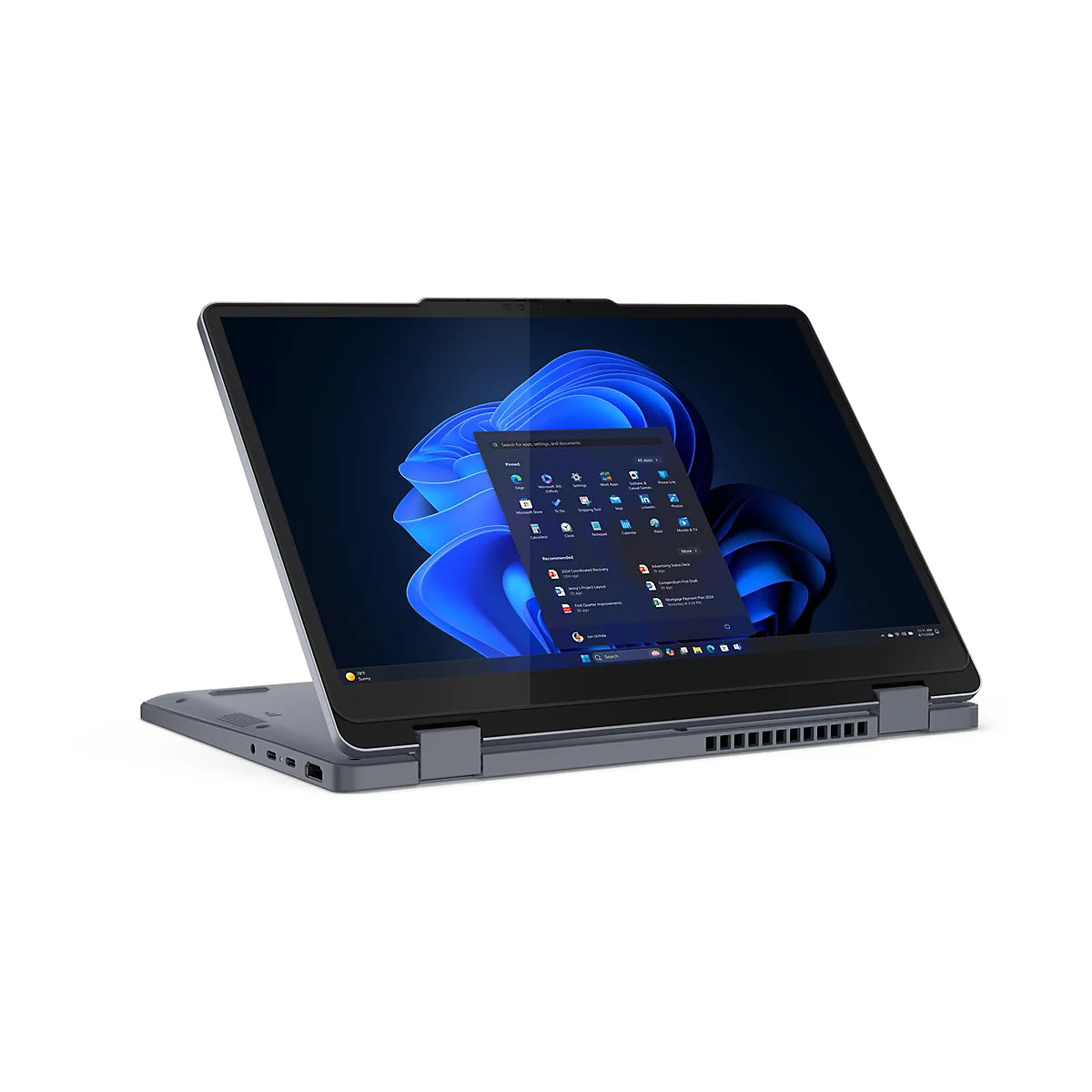 Ein graues Laptop-Tablet mit Windows 11, das sich zur Hälfte geöffnet befindet. Der Bildschirm zeigt verschiedene App-Icons. Der Hintergrund ist weiß.