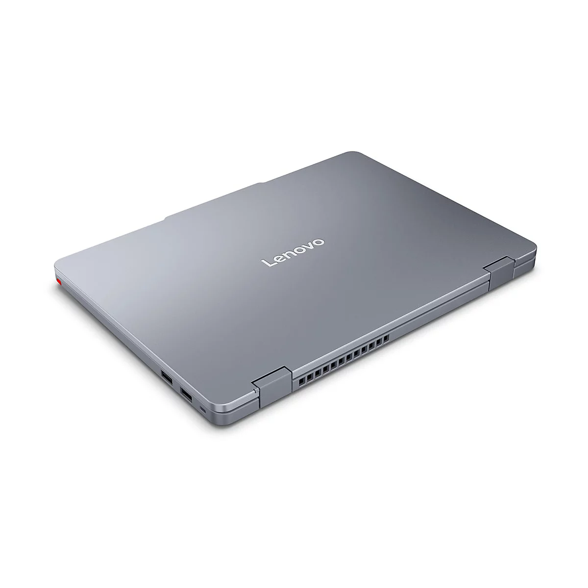 Grauer Lenovo-Laptop, geschlossen. Das Lenovo-Logo ist auf der Oberseite zentriert. Der Laptop steht auf weißem Hintergrund.