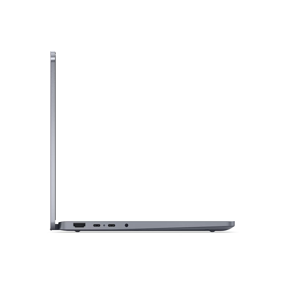 Graues Laptop-Profil vor weißem Hintergrund. Anschlüsse sichtbar.