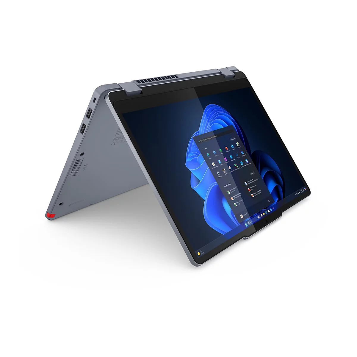 Ein grauer Laptop in Tablet-Position, der Bildschirm zeigt ein App-Menü vor blauem Hintergrund.