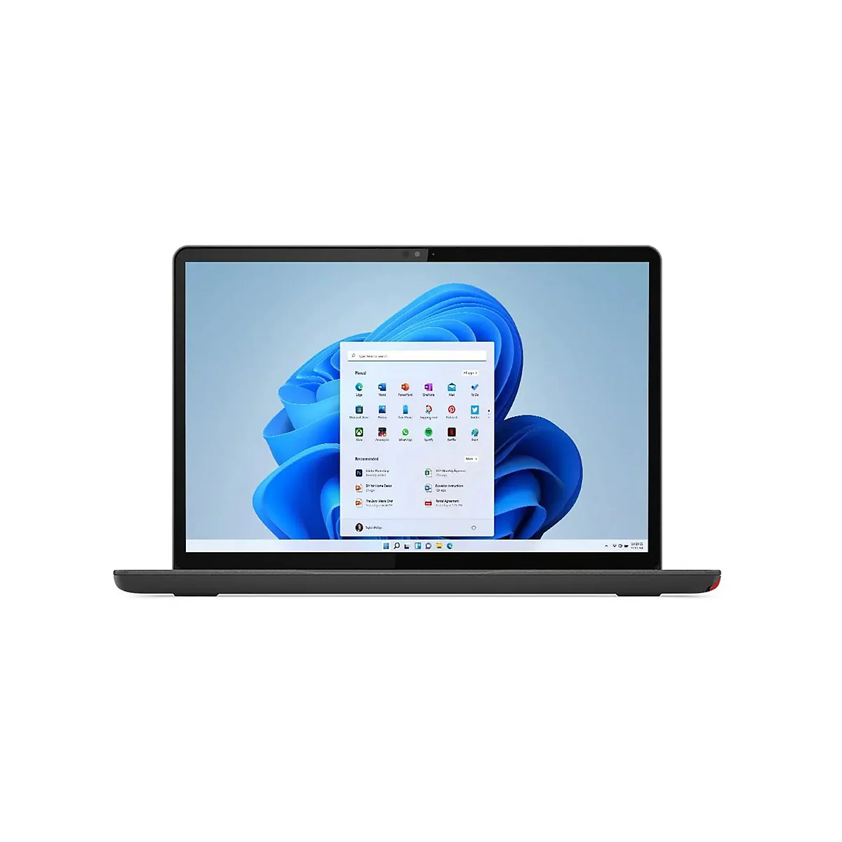 Schwarzes Laptop, geöffnet mit Windows 11 Oberfläche, mit App-Auswahl im Vordergrund. Roter Akzent am Laptop-Rahmen.