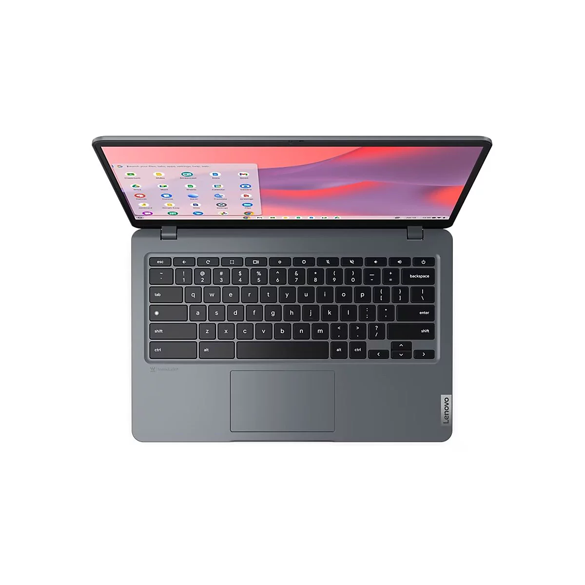 Ein grauer Laptop von oben, geöffnet, mit Tastatur und Bildschirm. Auf dem Bildschirm sind App-Symbole zu sehen, das Lenovo Logo unten rechts.