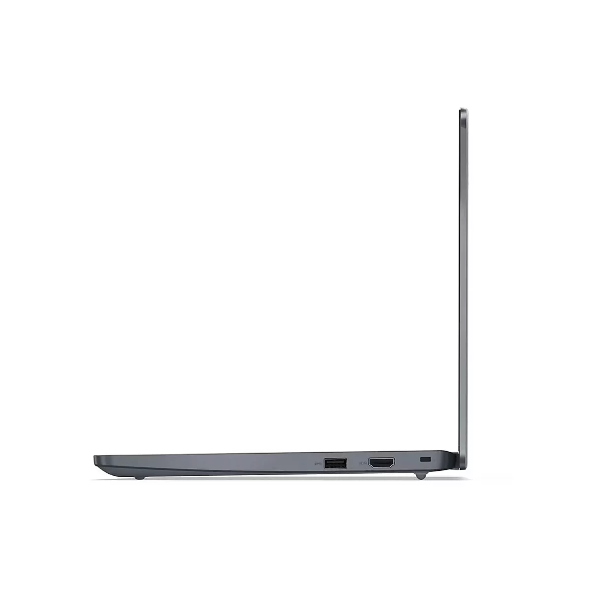 Grauer Laptop im Profil, auf weißem Hintergrund. Anschlüsse an der Seite erkennbar.