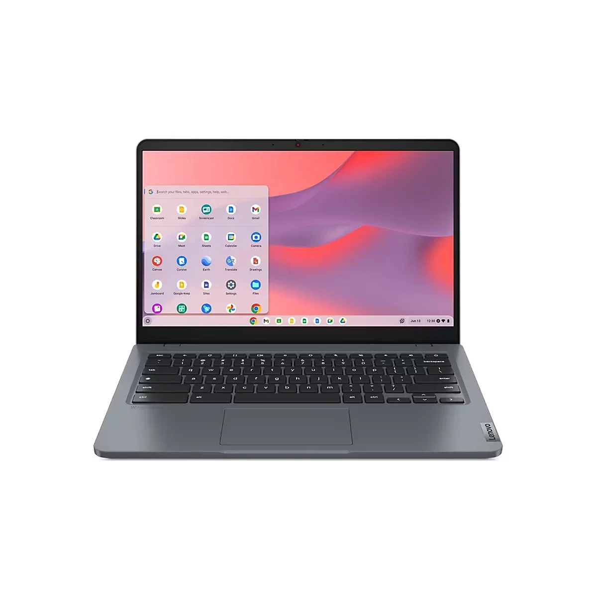 Ein graues Lenovo Chromebook Laptop; der Bildschirm zeigt Google-Apps. Die Tastatur ist beleuchtet; das Datum ist der 13. Juni.