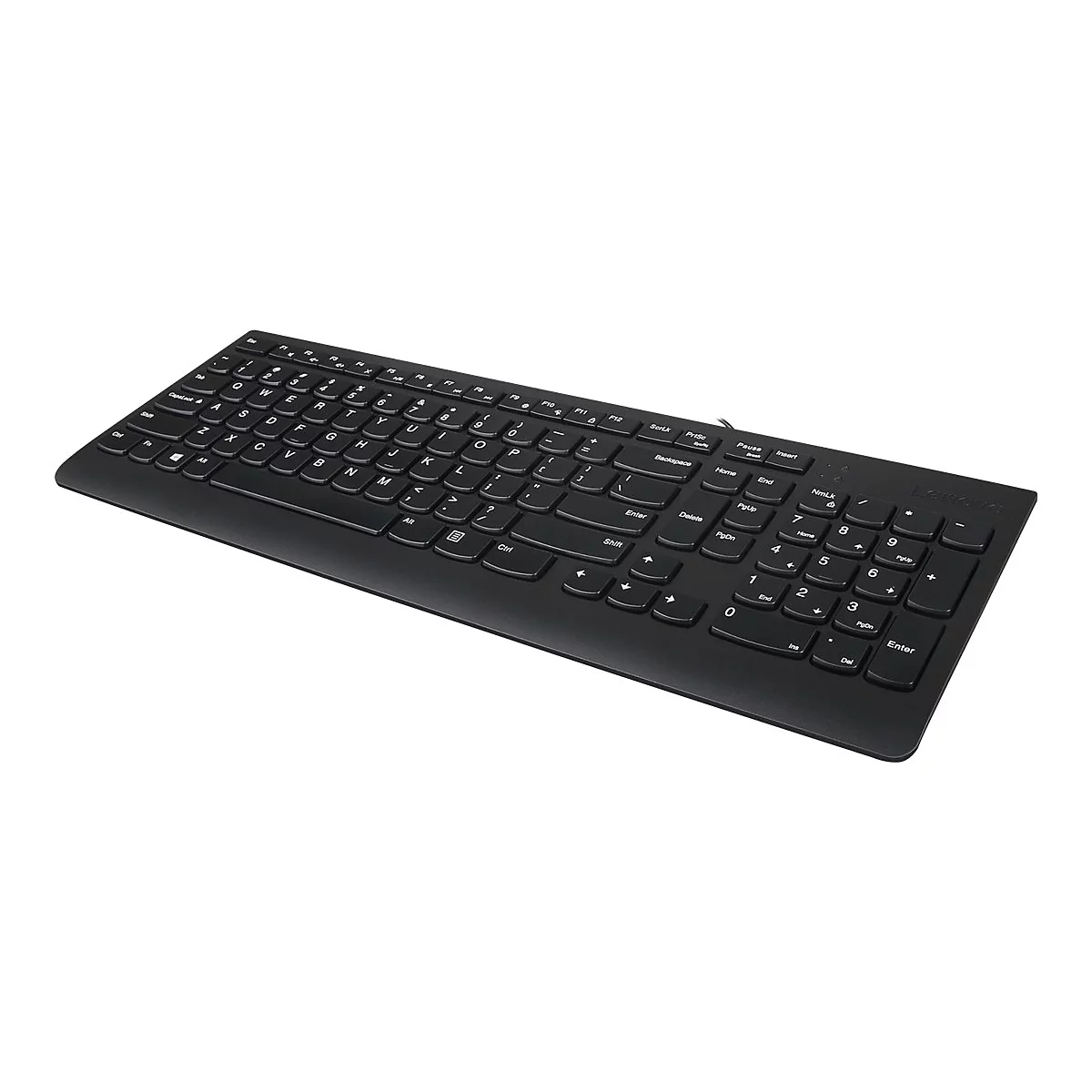 Schwarze Lenovo-Tastatur in Perspektive auf weißem Hintergrund.