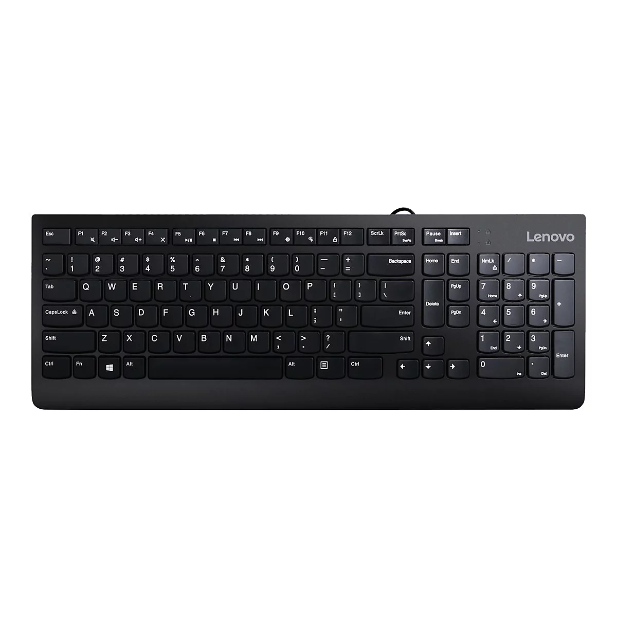 Schwarze Lenovo Tastatur mit Standard QWERTY Layout vor weißem Hintergrund.