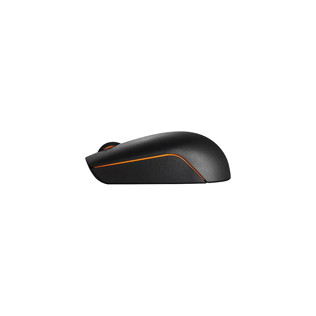 Schwarze kabellose Computermaus in Seitenansicht mit orangefarbenem Akzentstreifen.