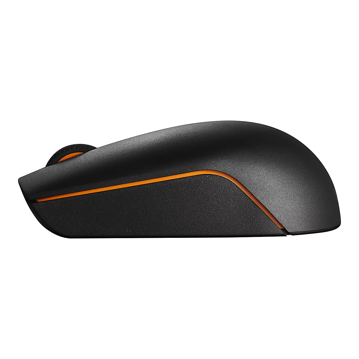 Schwarze kabellose Computermaus in Seitenansicht mit orangefarbenem Akzentstreifen.