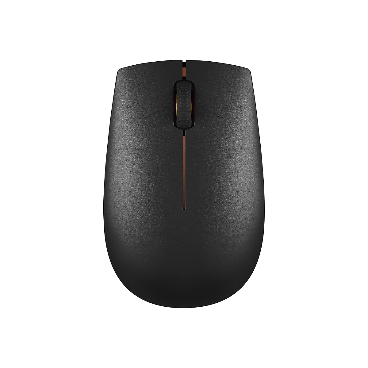 Schwarze kabellose Computermaus vor weißem Hintergrund mit einem zentralen Scrollrad.