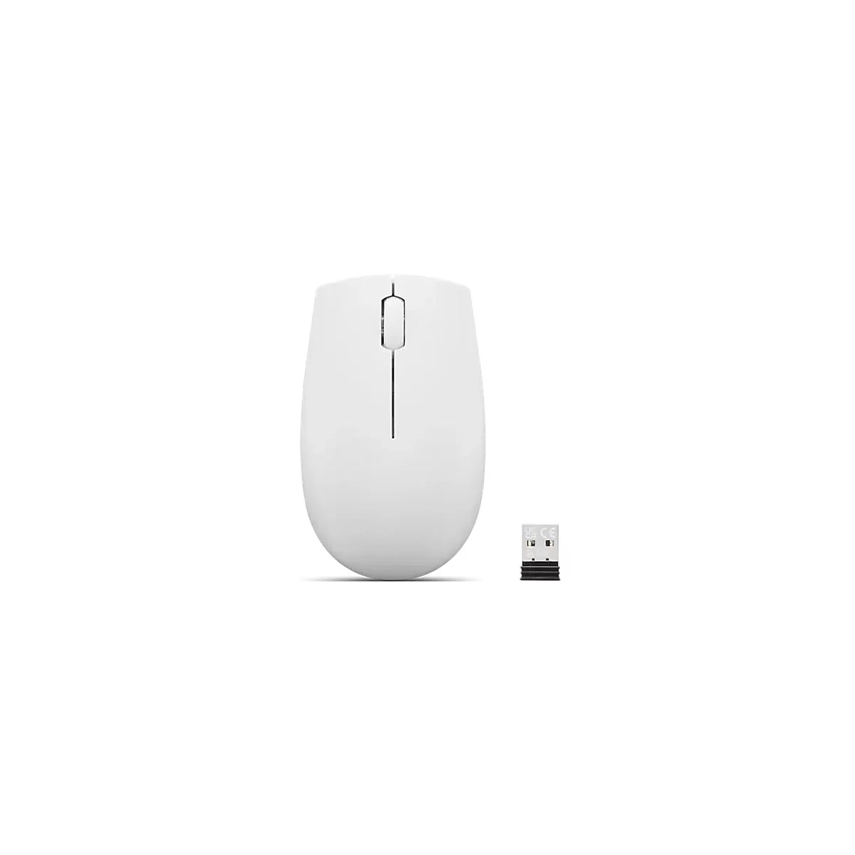 Weiße, kabellose Computermaus in minimalistischem Design mit dazugehörigem USB-Empfänger auf weißem Hintergrund.