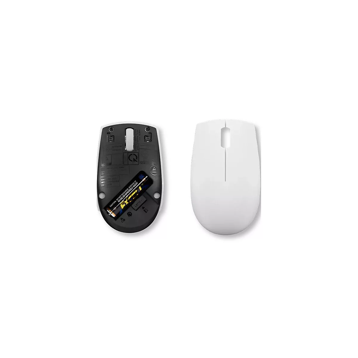 Weiße kabellose Computermaus, einmal von oben und einmal die Unterseite mit eingelegter Batterie.